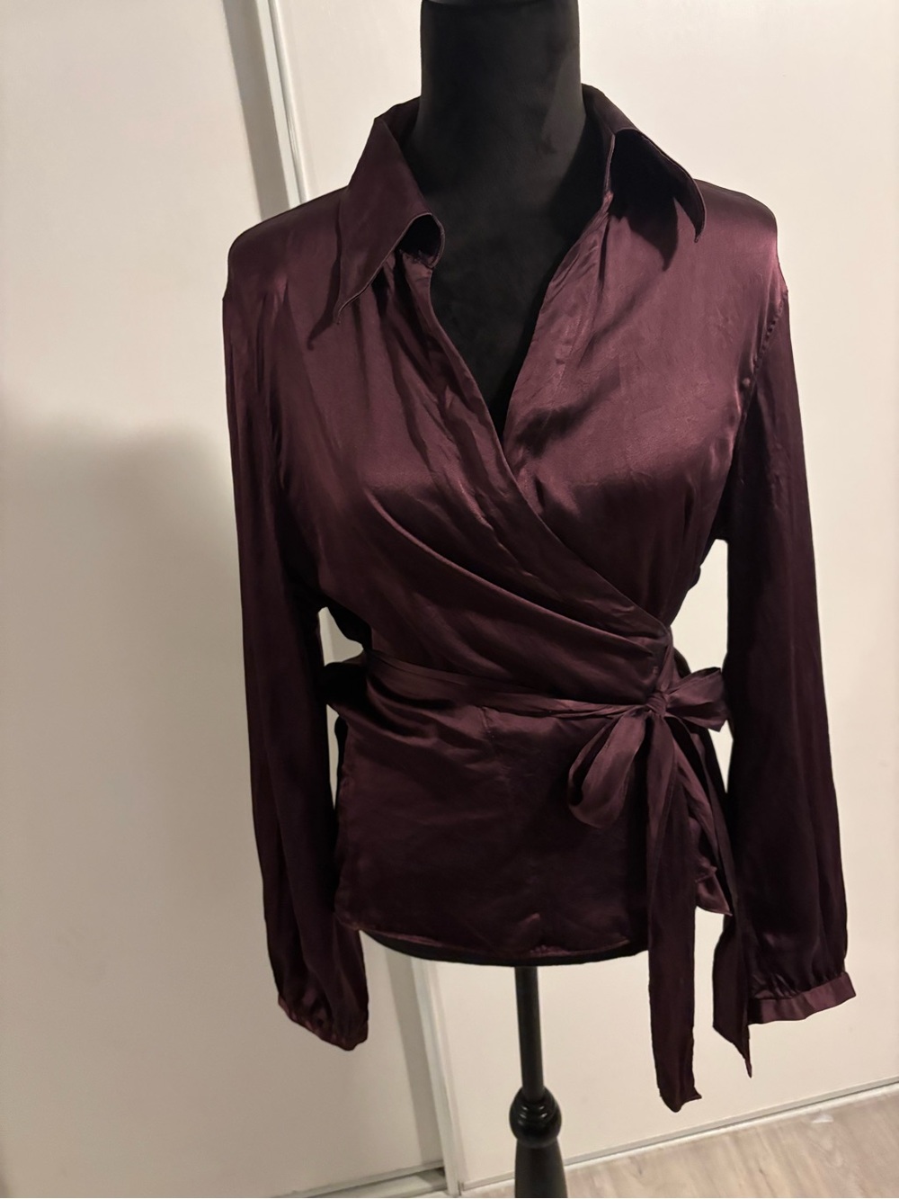 VTG Silk Wrap Blouse The Limited Womens XL wine Collared Long Sleeve Y2K Office